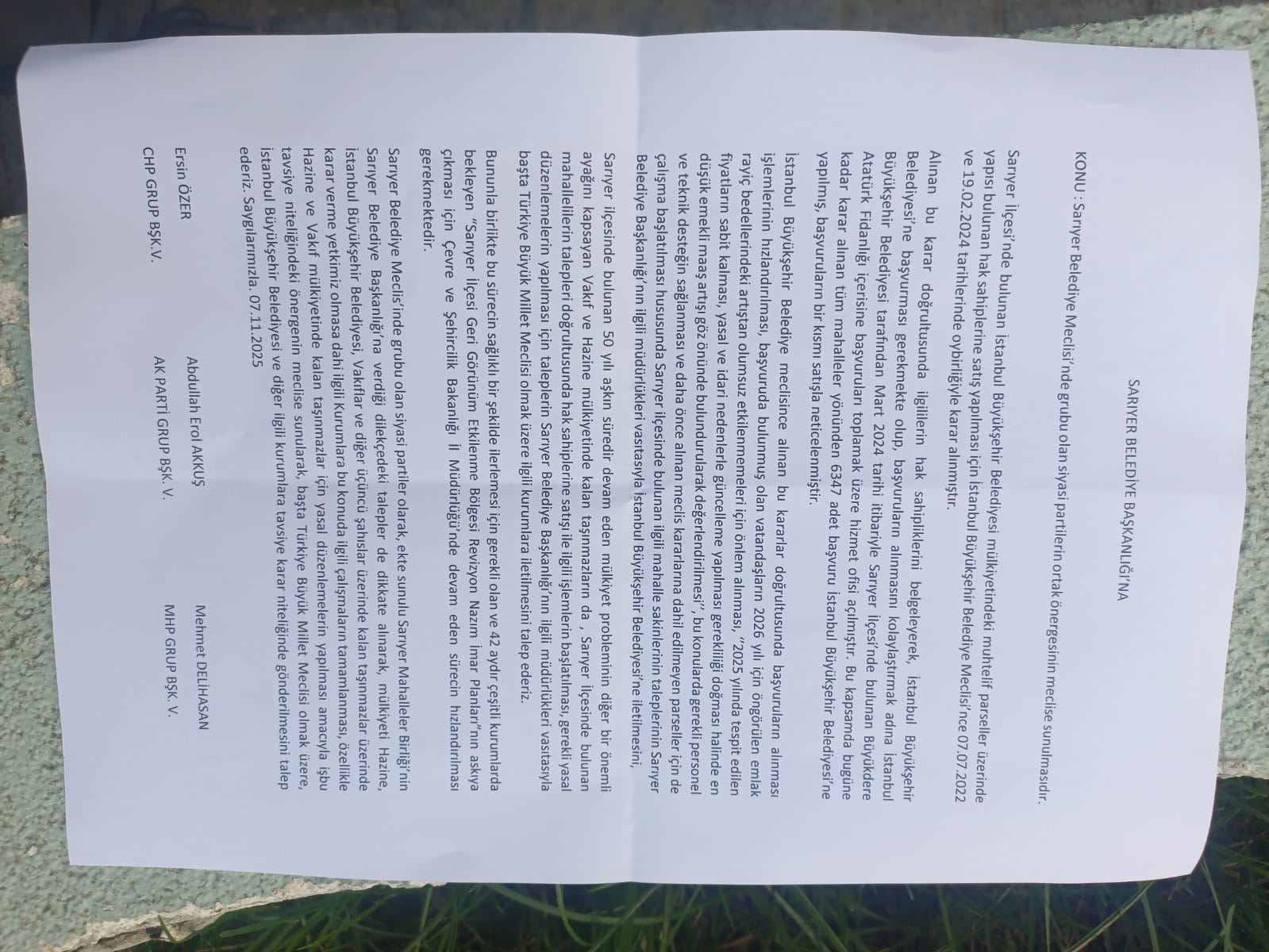 Siyasi Partilerin Sarıyer Belediye Başkanlığına Ortak Önergesi