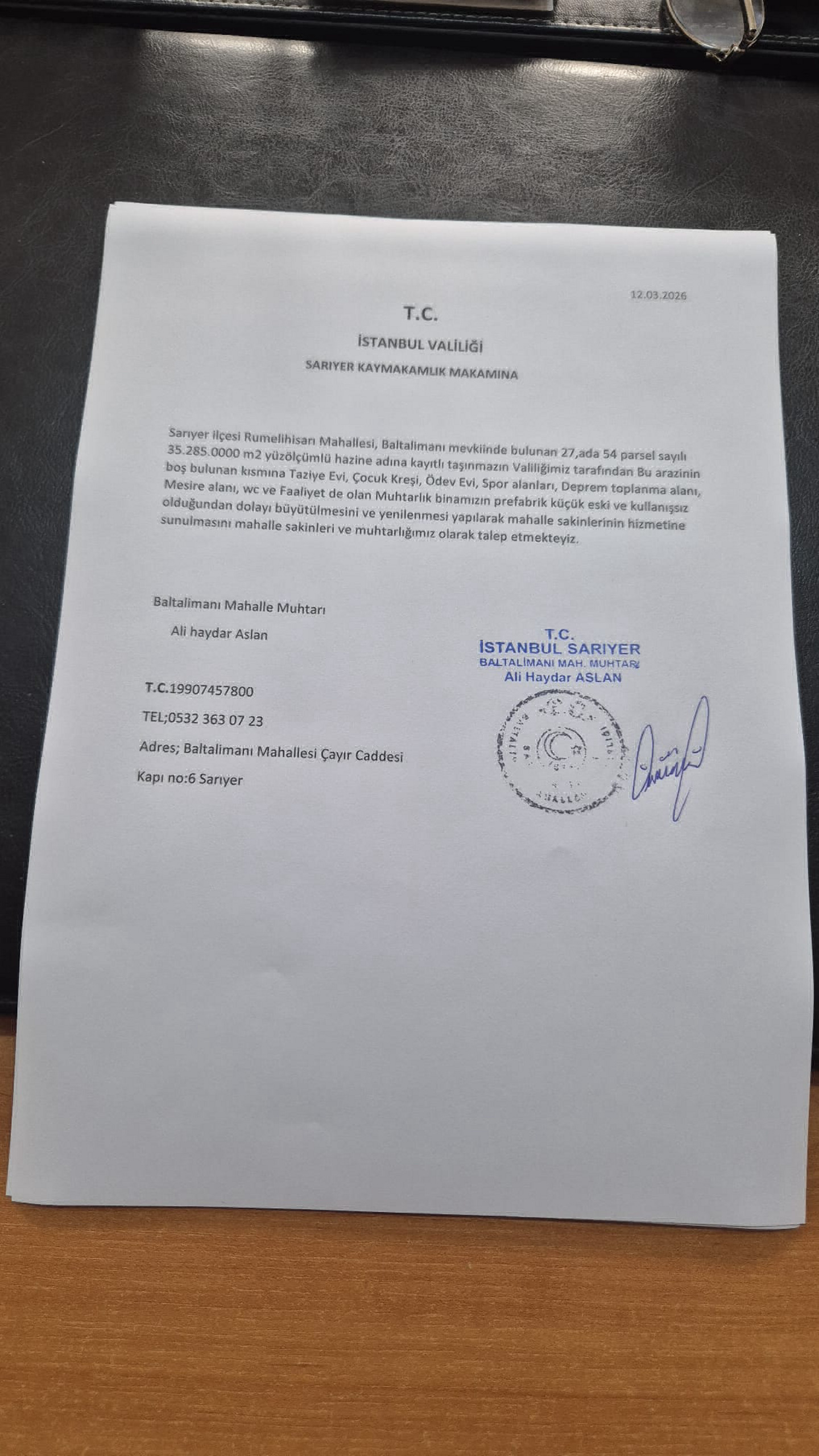 Muhtarlıktan Sarıyer Kaymakamlığına Dilekçe