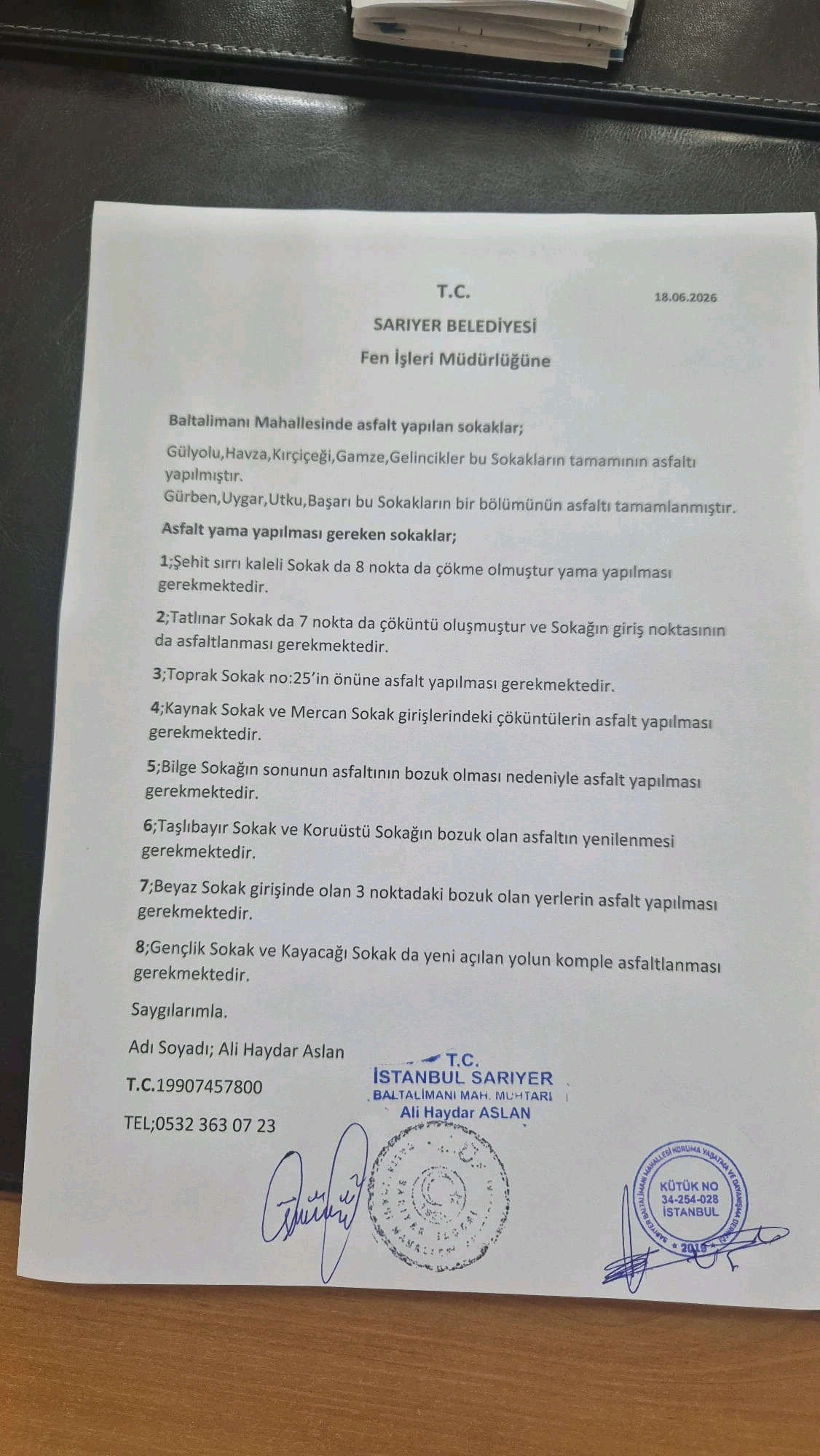 Sarıyer'de Fen İşleri Müdürlüğü'ne Talepler: Asfalt Bozuklukları ve Eksi Yerler Raporlandı