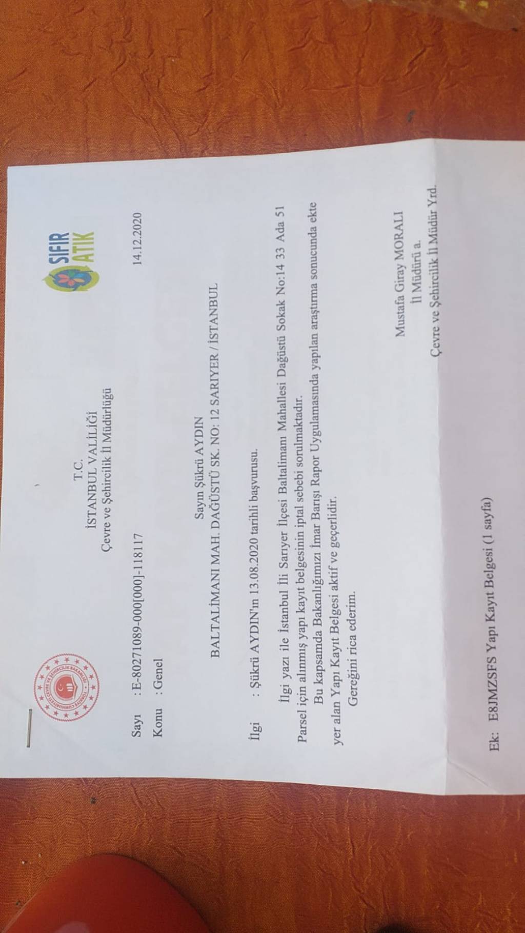 Şükrü Aydın'ın Yapı Kayıt Belgesi