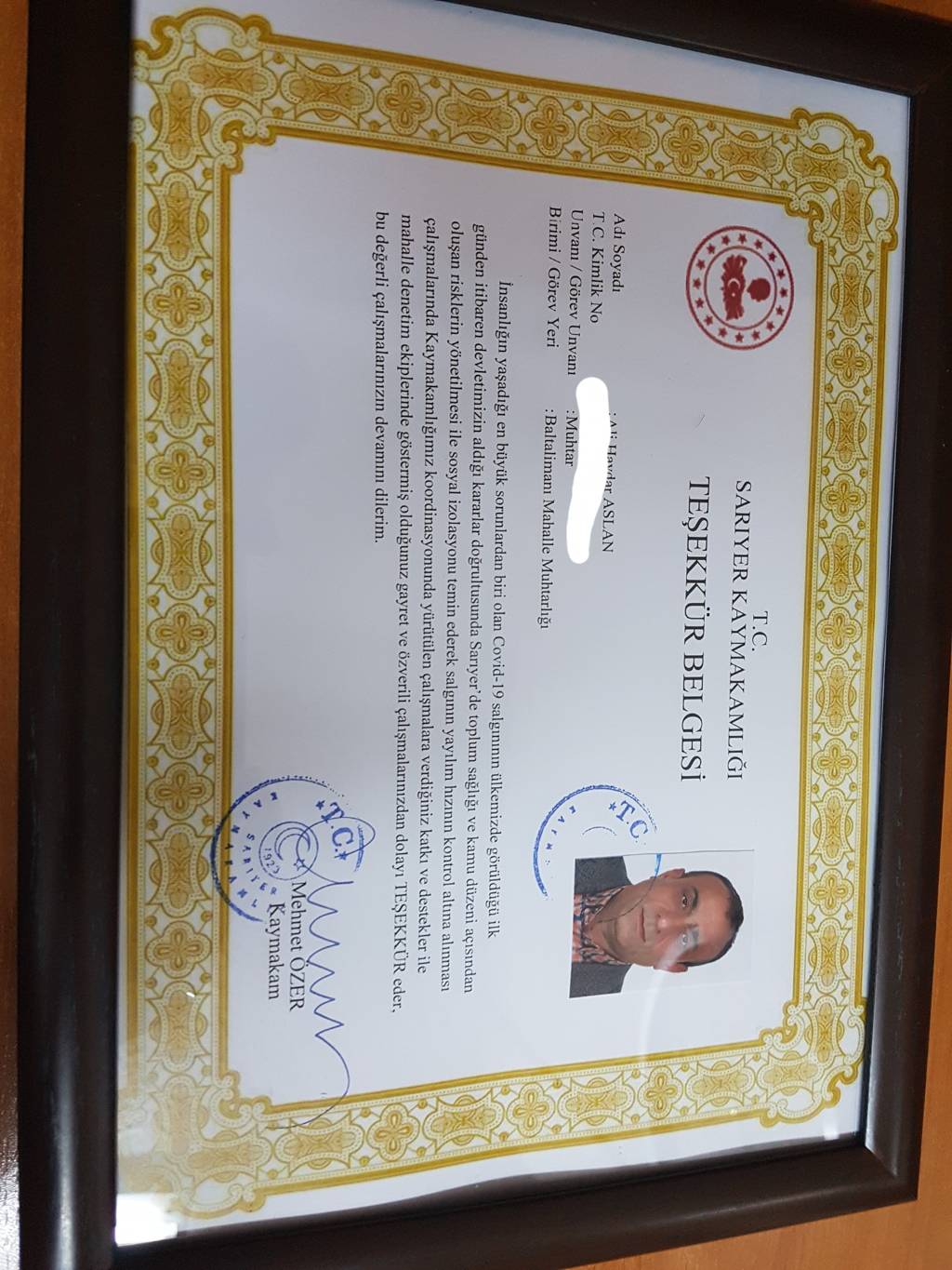 Sarıyer Kaymakamlığı'ndan Muhtarlığımıza Teşekkür Belgesi