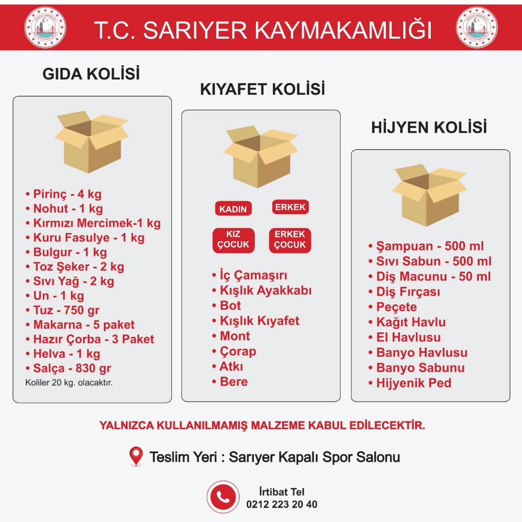 Sarıyer Kaymakamlığı Yardım Koli Duyurusu